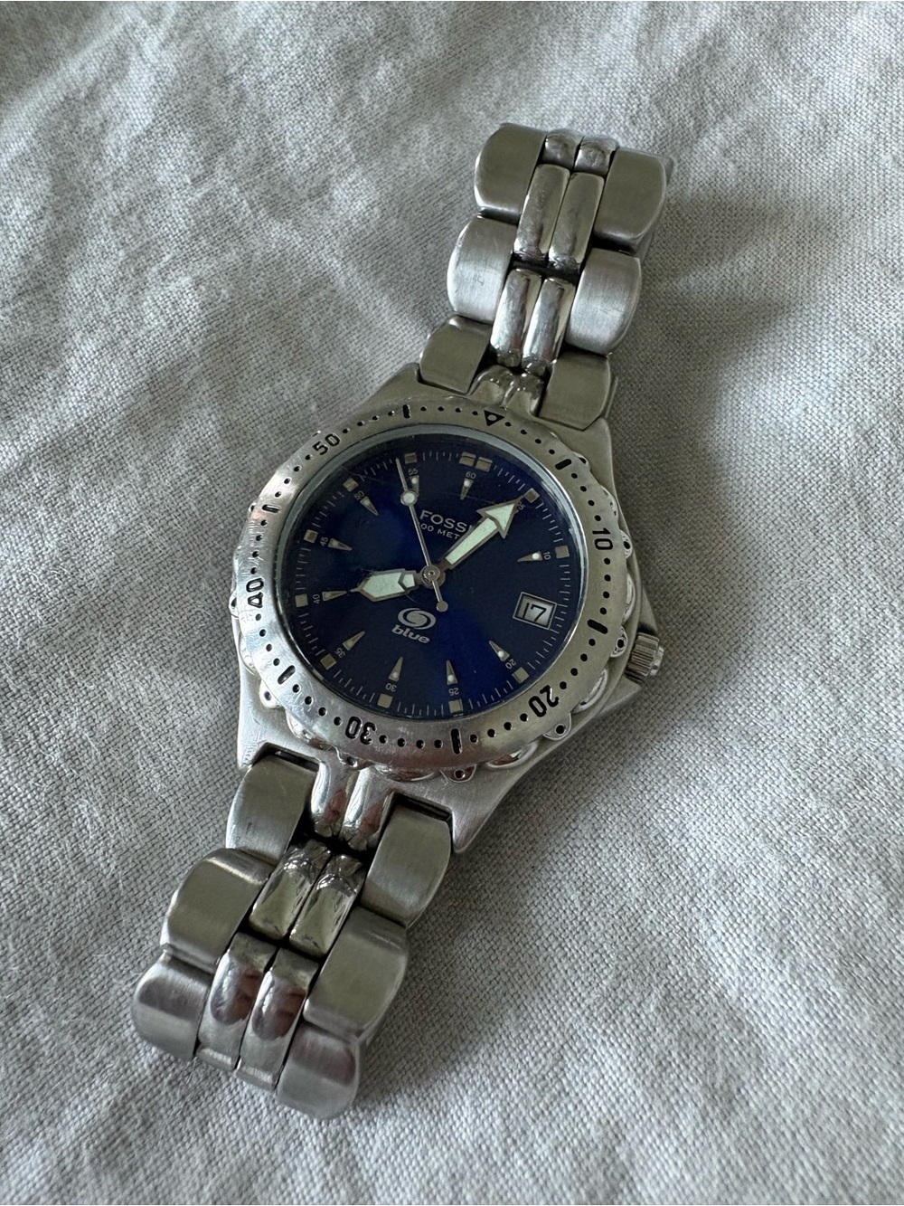 Fossil Men's Silver Bracelet Watch with Blue Dial